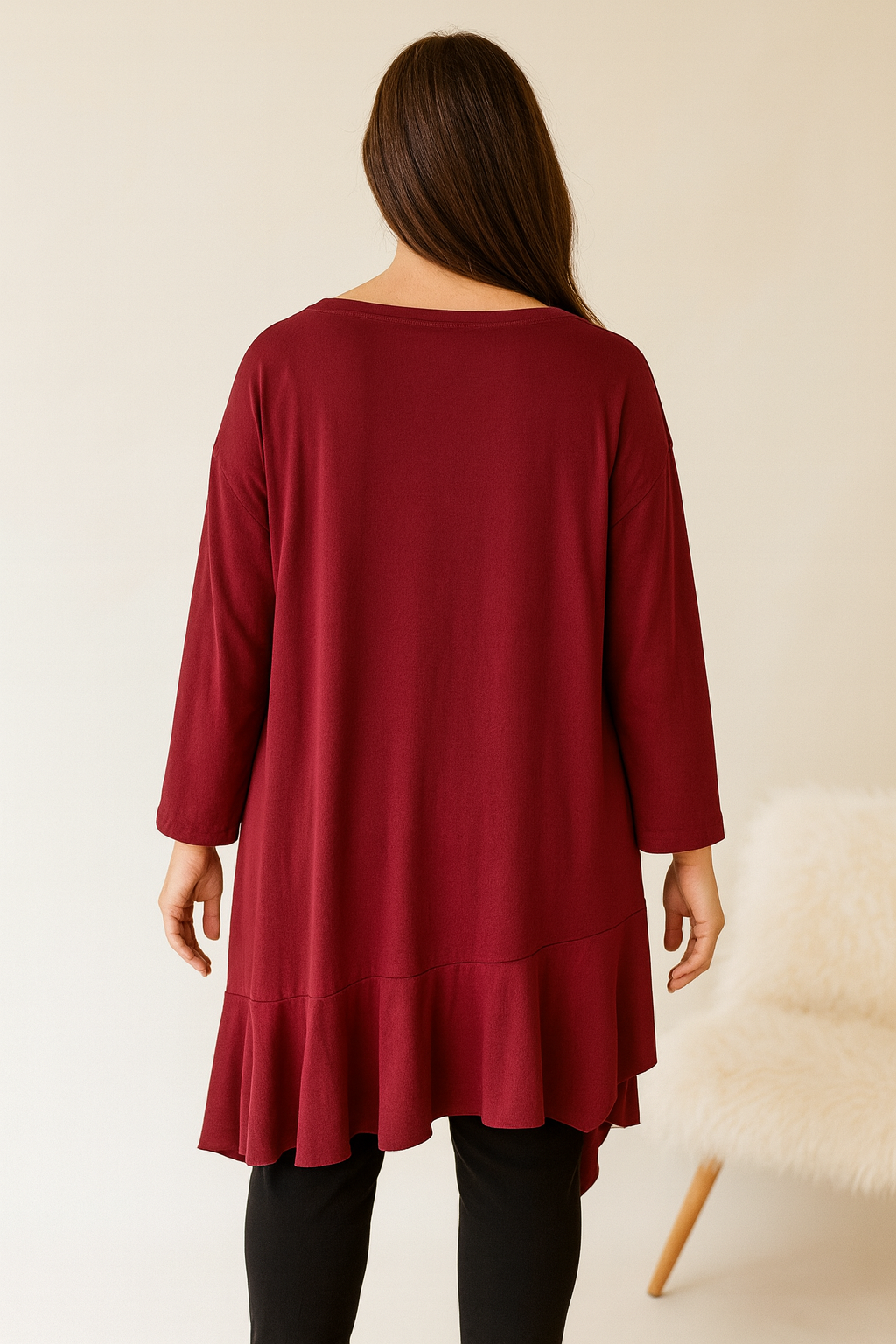 Cotton Raw Edge Frill Hem Veronica Top - Wine
