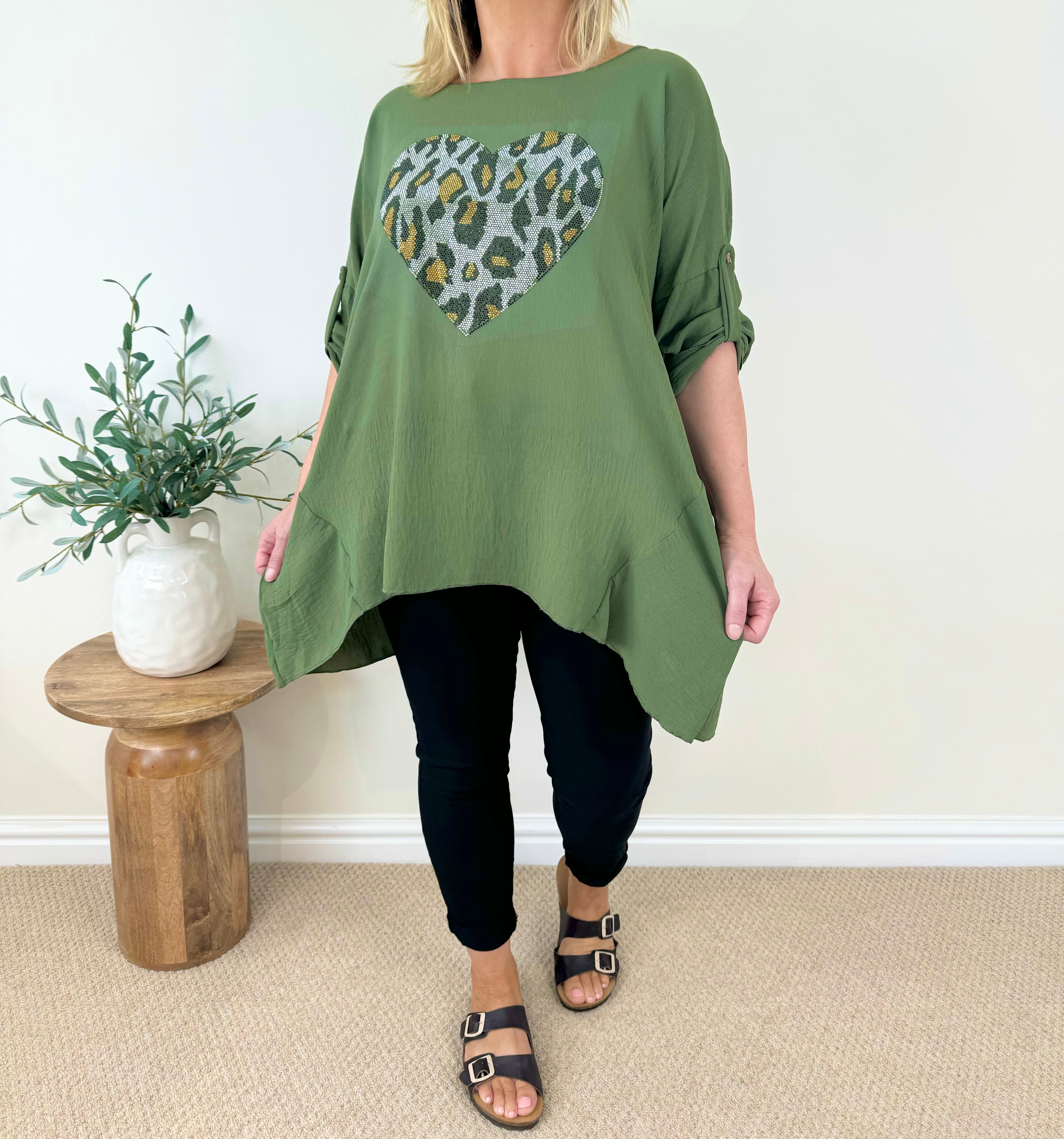 Diamanté Sparkle Animal Heart Button Sleeve Top SS24