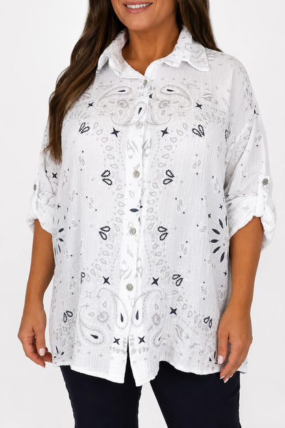 Pure Bubble Cotton Button Sleeve Allisandra Button Shirt - White