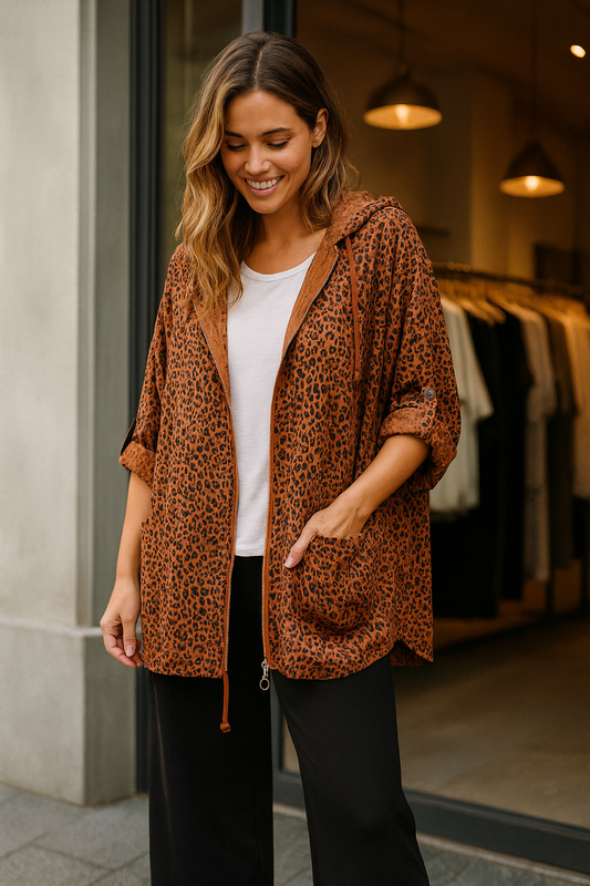 Light Weight Premium Stitch Zipped Button Sleeve Amari Leopard Print Jacket - Spice Terracotta