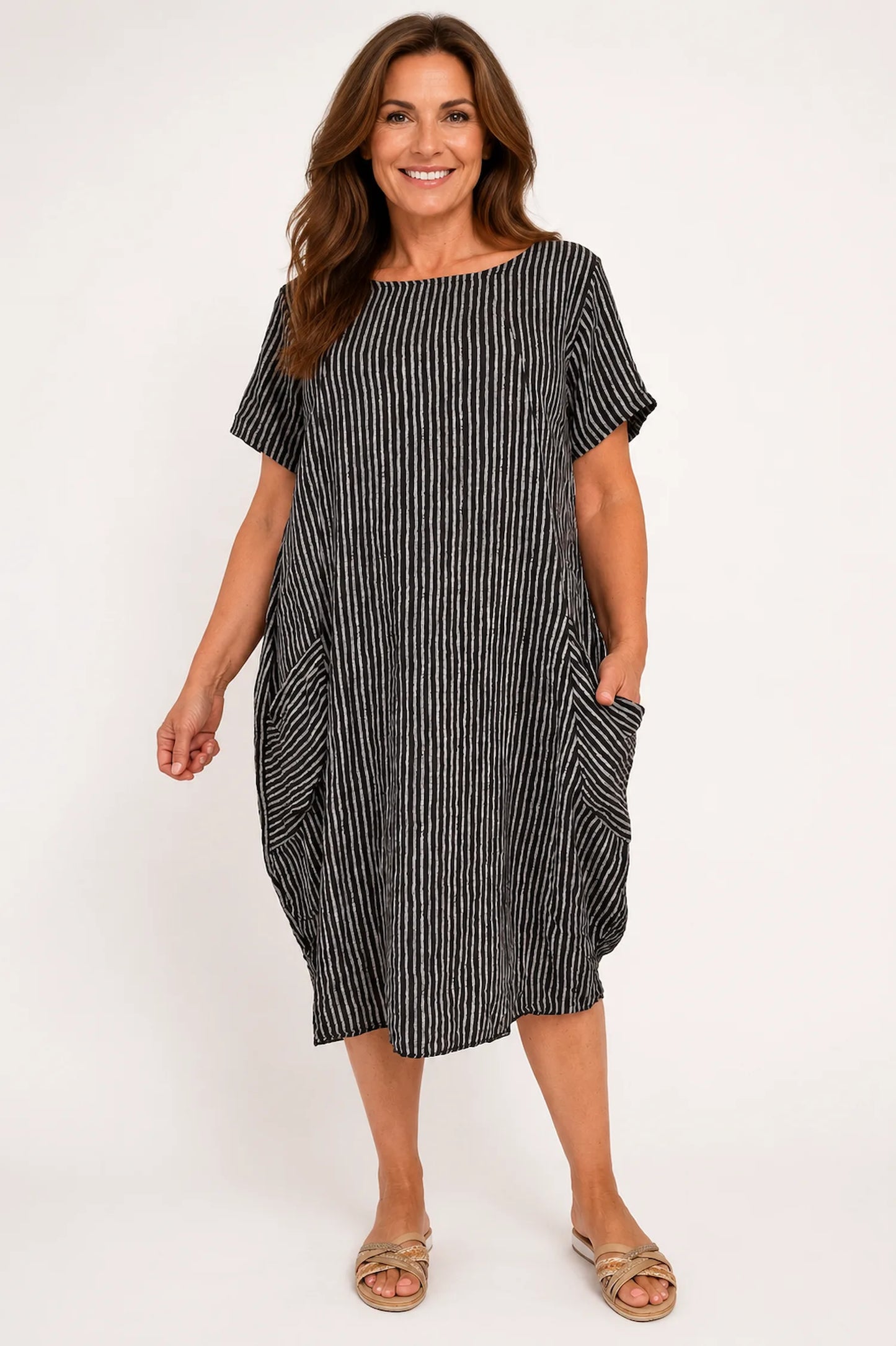 Pure Cotton Double Pocket Khiara Pinstripe Dress - Chocolate