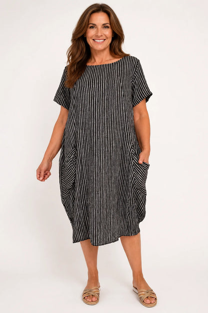 Pure Cotton Double Pocket Khiara Pinstripe Dress - Chocolate