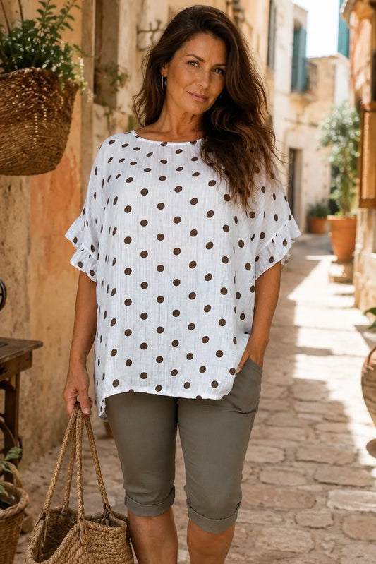 Polka Dot Frill Sleeve Soft Stitch Allegra Top - White