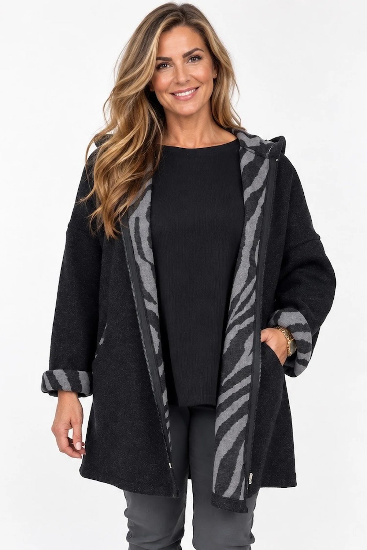 Double Pocket Zipped Contrast Animal Print Lined Valentina Brushed Hooded Coat - Fleck Black