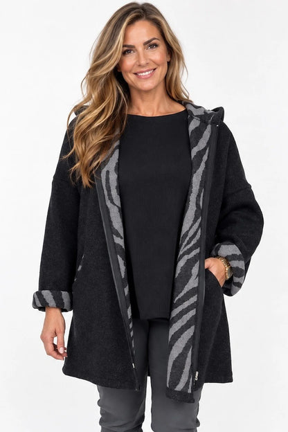 Double Pocket Zipped Contrast Animal Print Lined Valentina Brushed Hooded Coat - Fleck Black