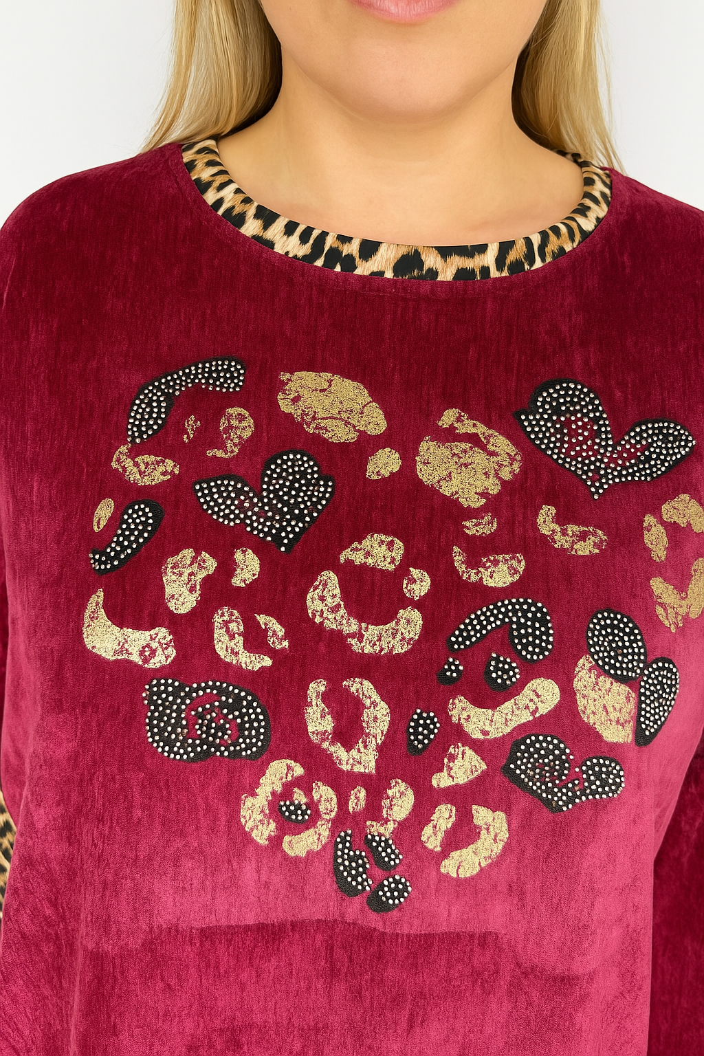 Vienna Diamanté Leopard Detail Luxury Soft Knit Top - Wine