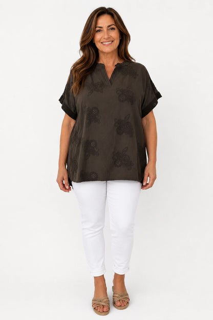 Pure Cotton Embroidered Floral Detail Mesh Sleeve/Back Lucia Shirt - Chocolate