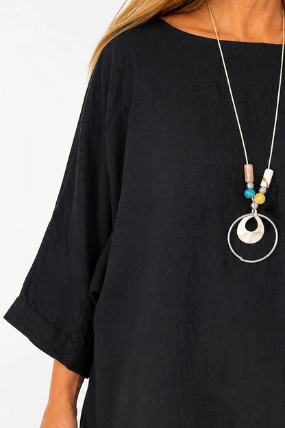 Relaxed Oversized Summer Flow Necklace Top - Black