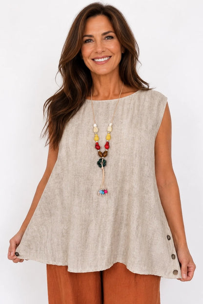 Lightly Textured Button Detail Carla Necklace Vest - Washed Beige
