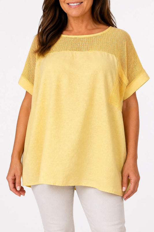Linen Cotton Mix Mesh Detail Amalfi Pocket Top - Sunwashed Lemon