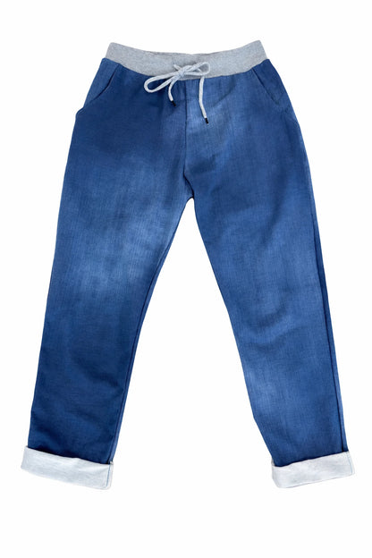 Cotton Elasticated Waist Drawstring Double Pocket Italia Denim Joggers - Denim