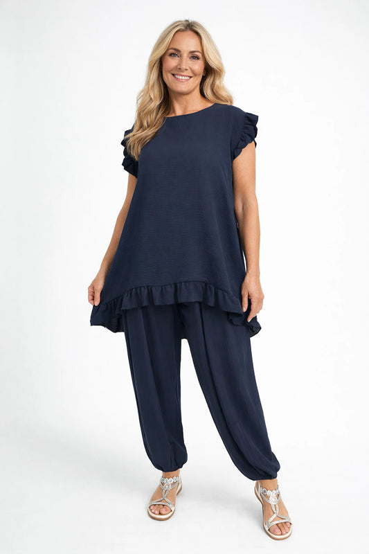 Smocked Elasticated Waist Calivelle Double Pocket Harem Pant - Navy