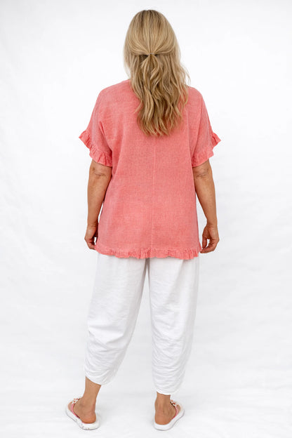 Linen Cotton Mix Frill Sleeve And Hem Iris Necklace Top - Washed Coral