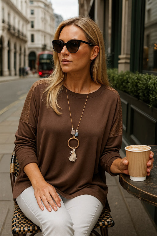 Soirée Mesh Detail Necklace Top - Chocolate