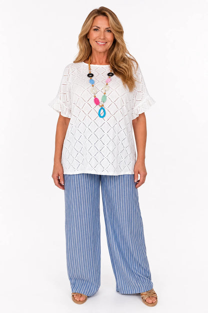 Lightly Textured Frill Sleeve Giana Necklace Top - White