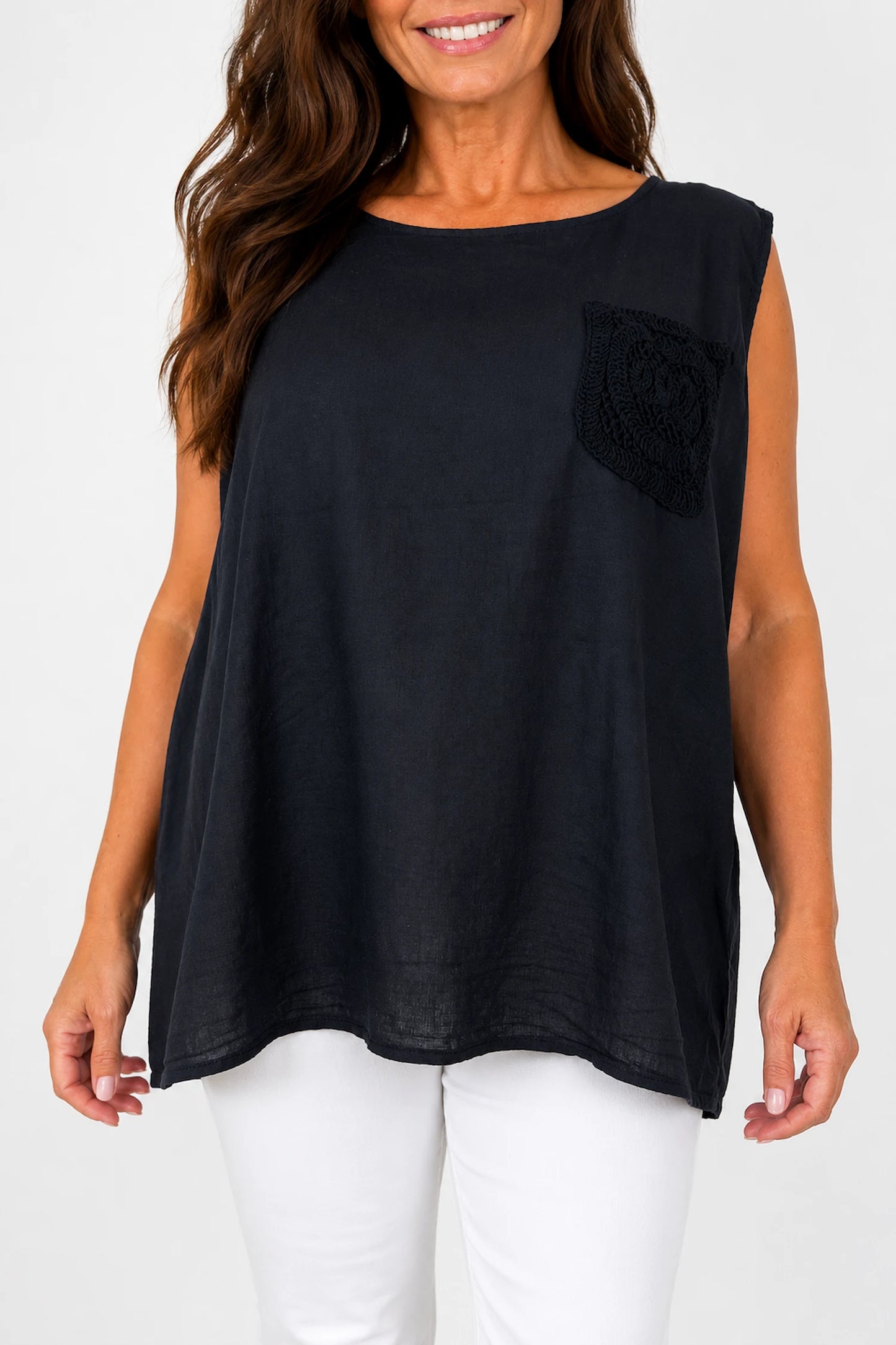 Linen Cotton Mix Button Back Embroidered Crochet Pocket Primrose Vest - Black