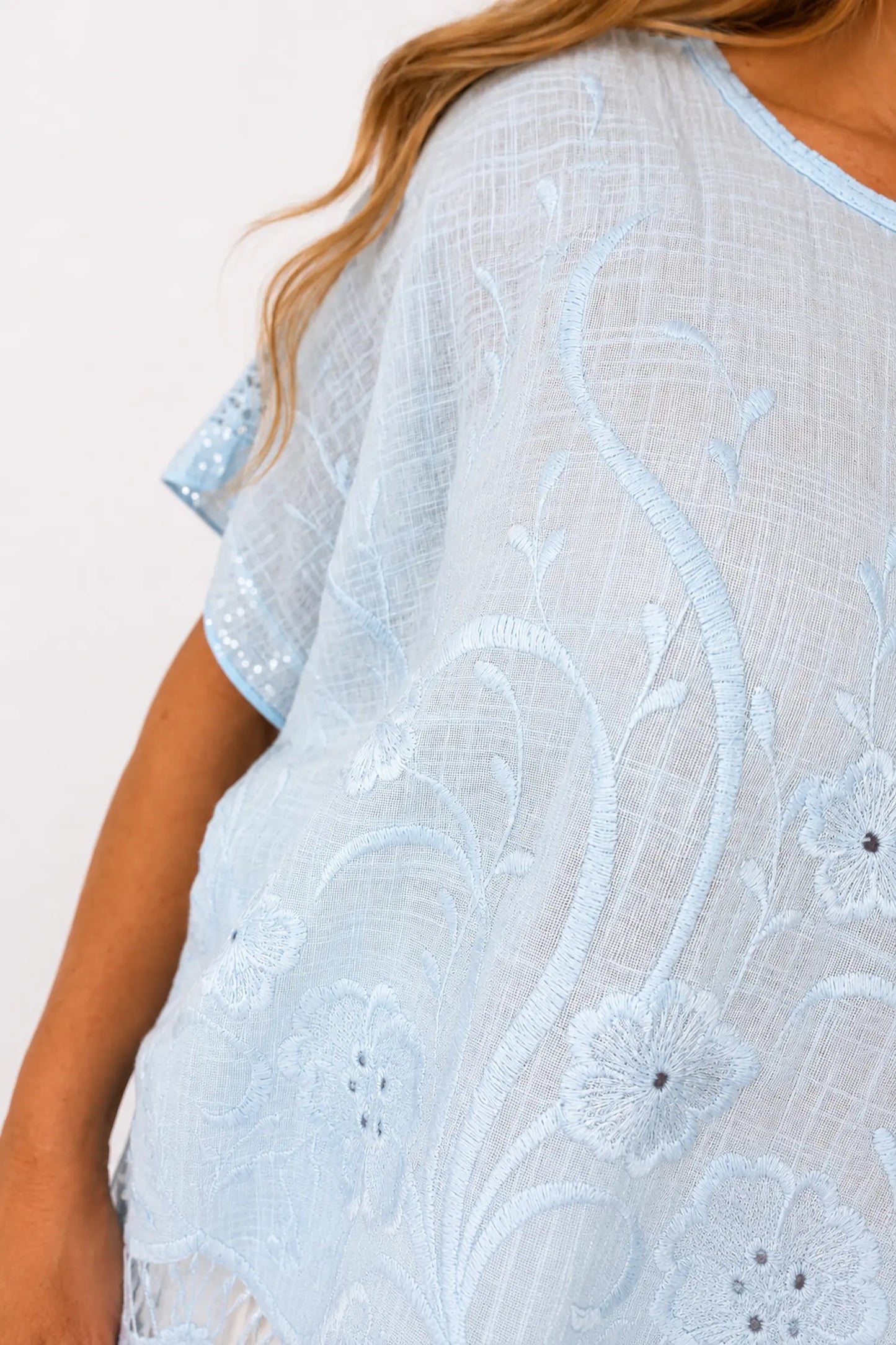 Cotton Crochet Detail Embroidery Anglaise Sequin Hem/Sleeve Selina Top - Baby Blue