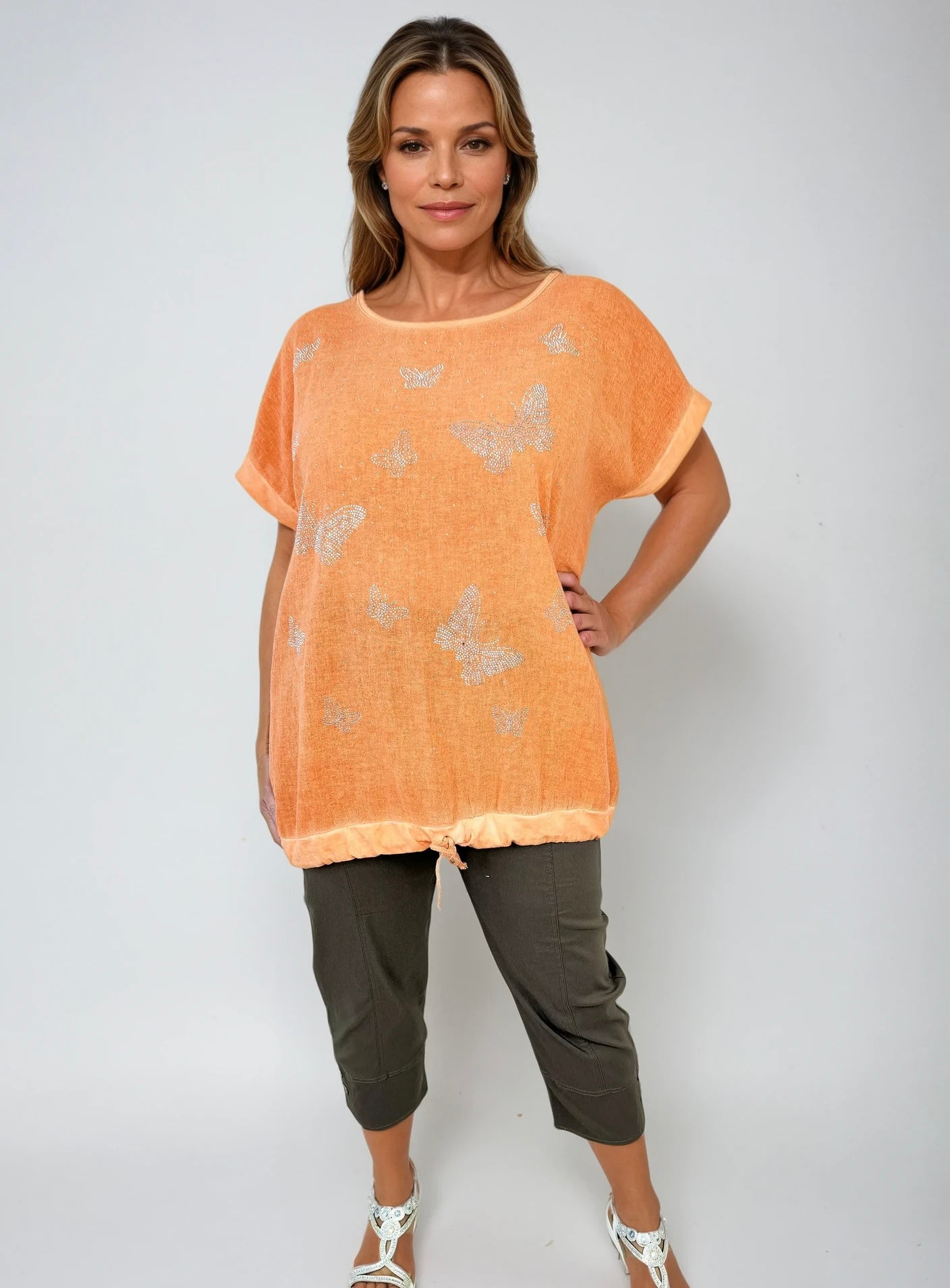 Linen Mix Diamanté Butterfly Tied Detail Top - Orange