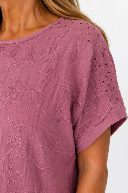 Pure Cotton Embroidery Anglaise Crochet Sleeve Devure Top - Raspberry Ripple