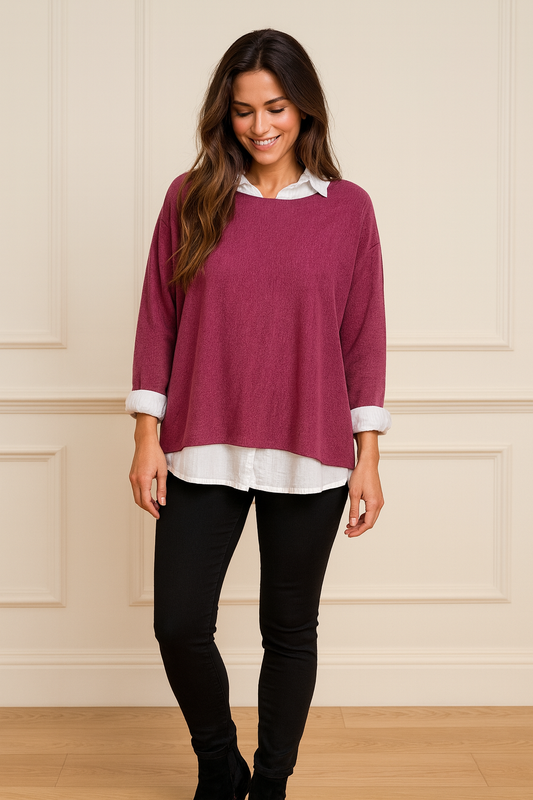Cotton Mix Two in One Fleur Top - Wine