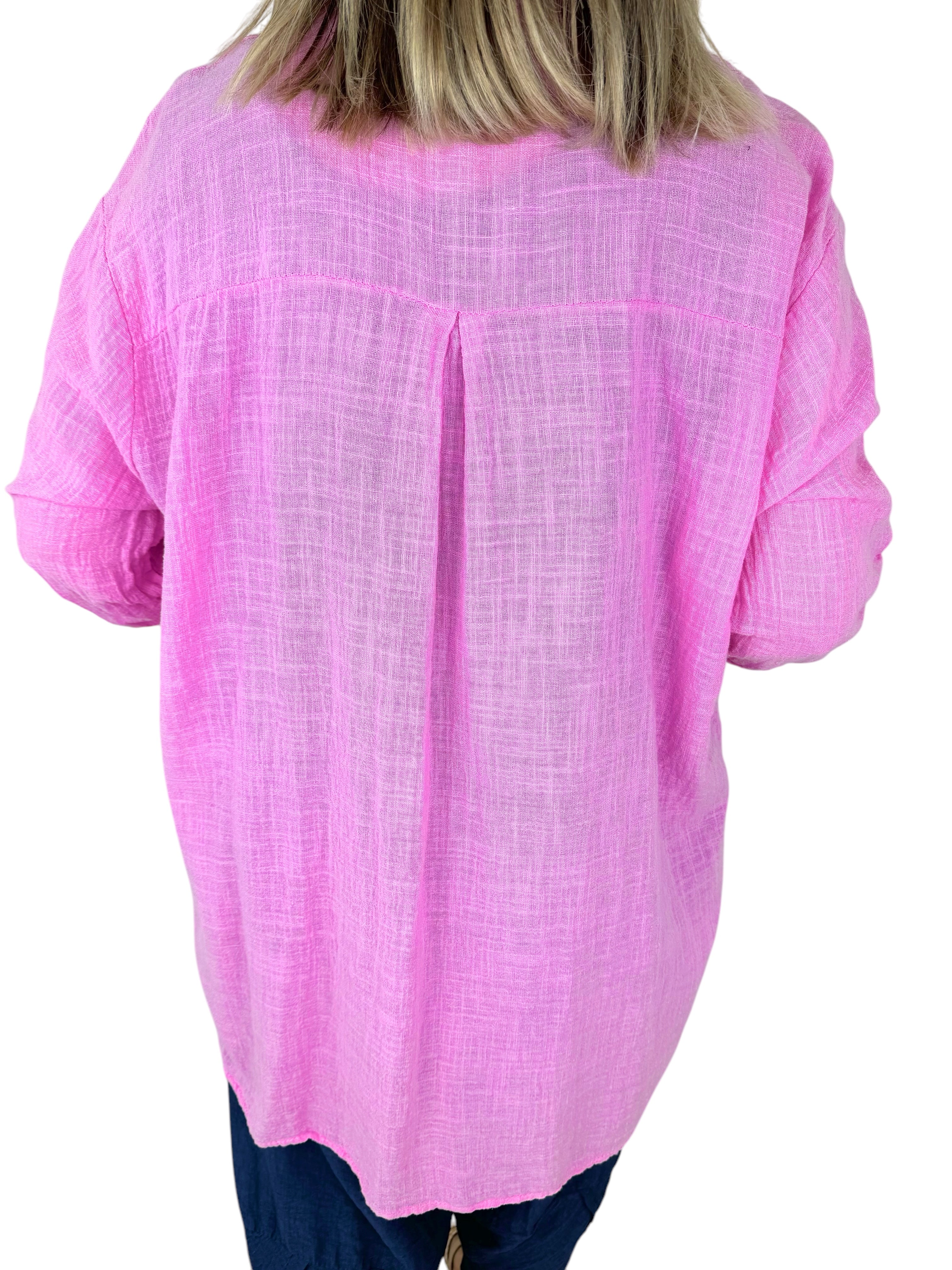 Pure Cotton Linen Look Button Sleeve Parla Shirt - Lipstick Pink