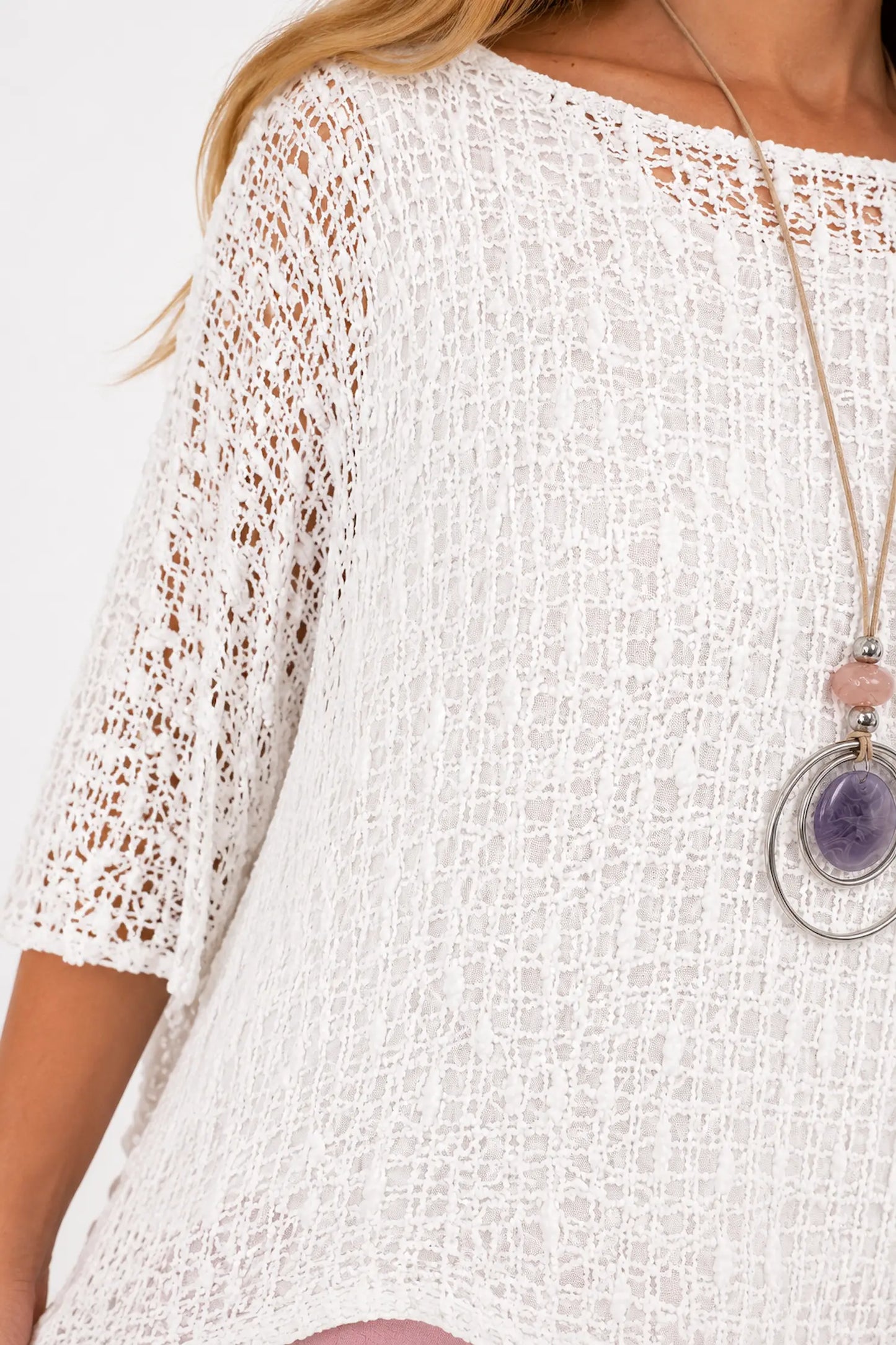 Amelia Ikat Premium Stitch Batwing Crochet - White