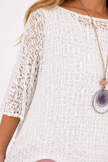 Amelia Ikat Premium Stitch Batwing Crochet - White