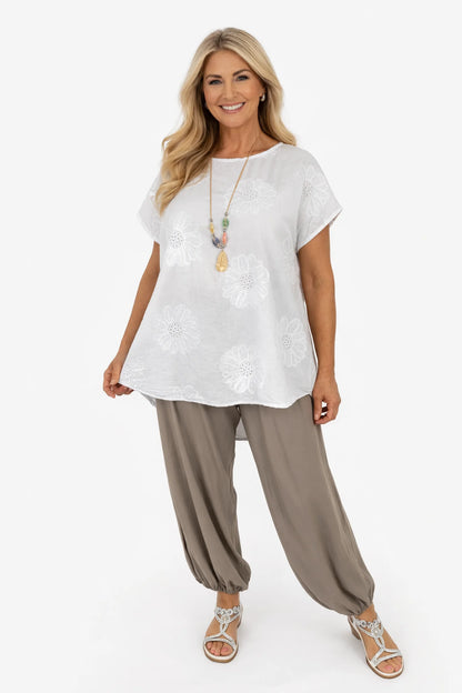 Pure Cotton Embroidery Anglaise Flower Amara Necklace Top - White