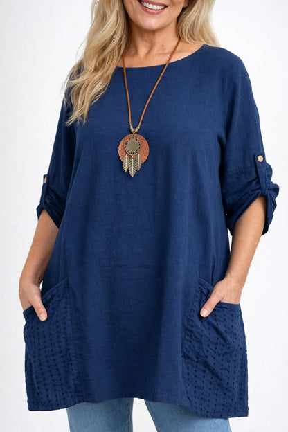 Cotton Crochet Detail Double Pocket Button Sleeve Cláudia Necklace Top - Navy