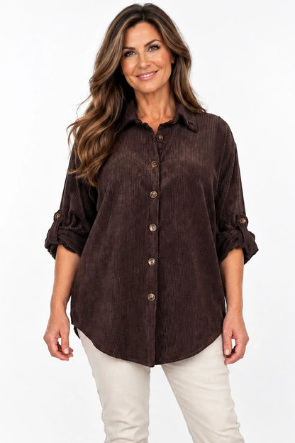 Button Sleeve Sicily Cord Button Shirt - Chocolate