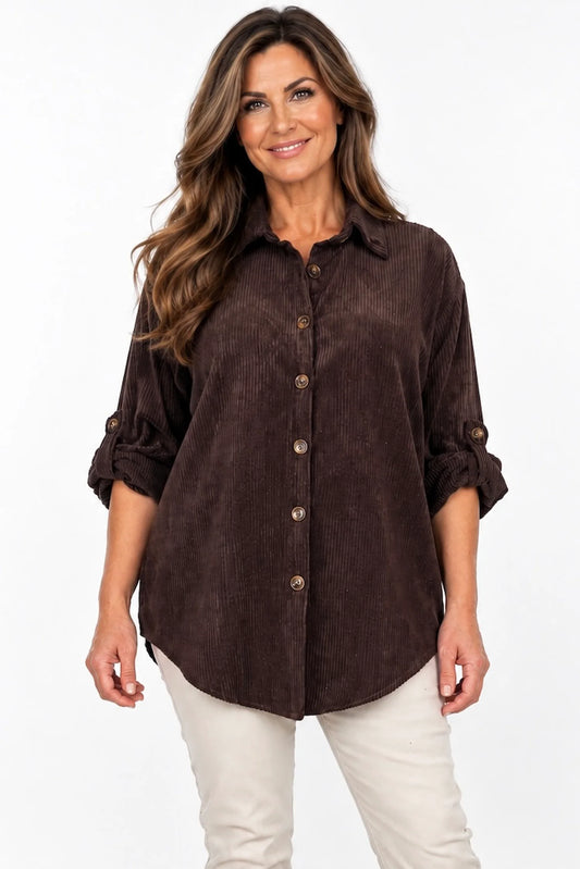 Button Sleeve Sicily Cord Button Shirt - Chocolate