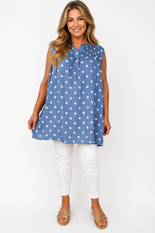 Polka Dot Valentina Button Cap Sleeve Top - Denim