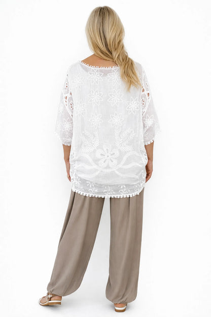 Pure Cotton Embroidery Anglaise Crochet Detail Batwing Viviana Top - White