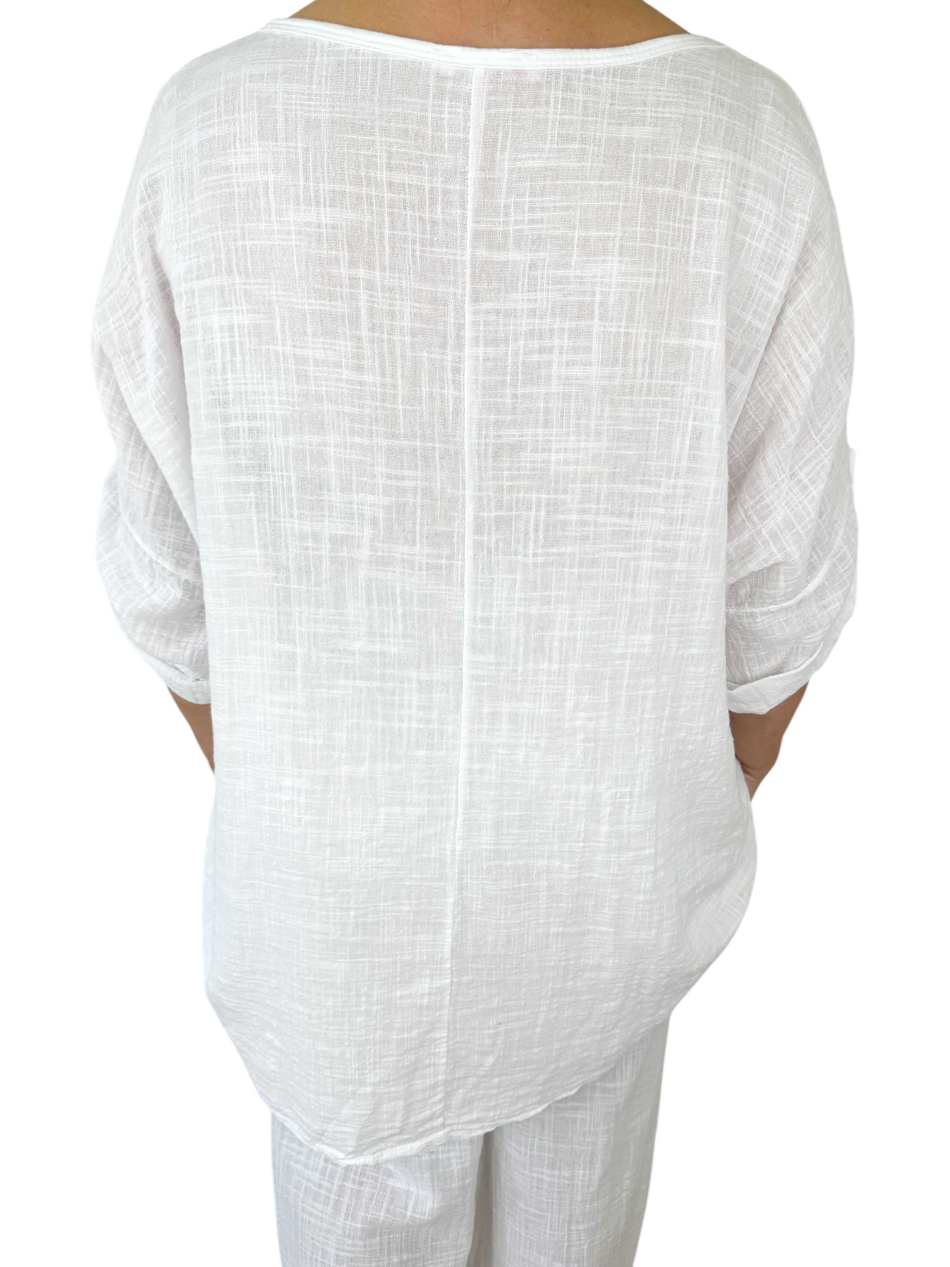 Pure Cotton Pocket Detail Button Sleeve Venice Necklace Top - White