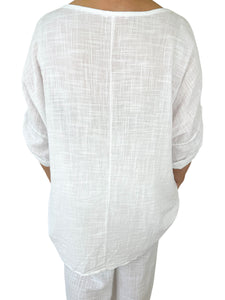 Pure Cotton Pocket Detail Button Sleeve Venice Necklace Top - White