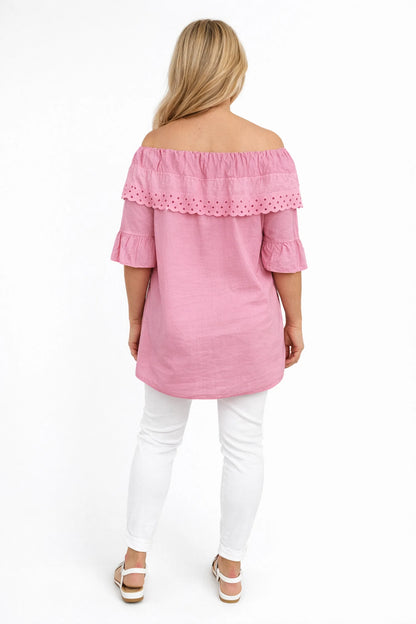 Pure Cotton Frill Sleeve Elasticated Neck Embroidery Anglaise Lumière Bardot Top - Lipstick Pink