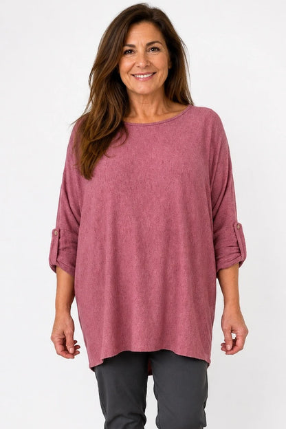 Fine Knit Button Sleeve Batwing Angelica Top - Raspberry Ripple