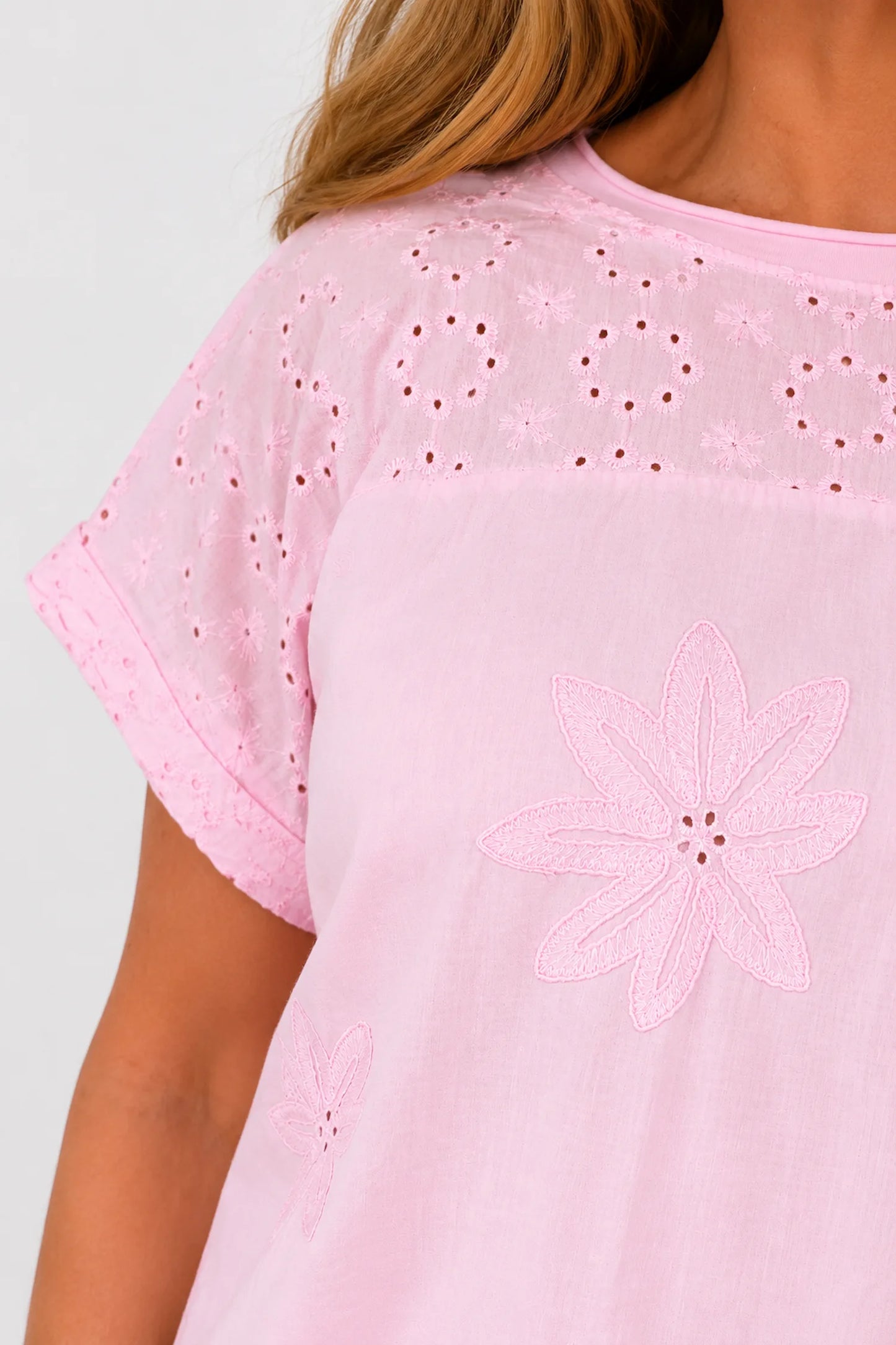 Pure Cotton Floral Embroidery Anglaise Clarissa Top - Baby Pink