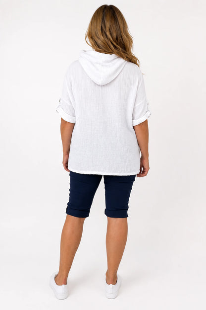 Pure Bubble Cotton Button Sleeve Badge Detail Pocketed Zara Hoodie - White