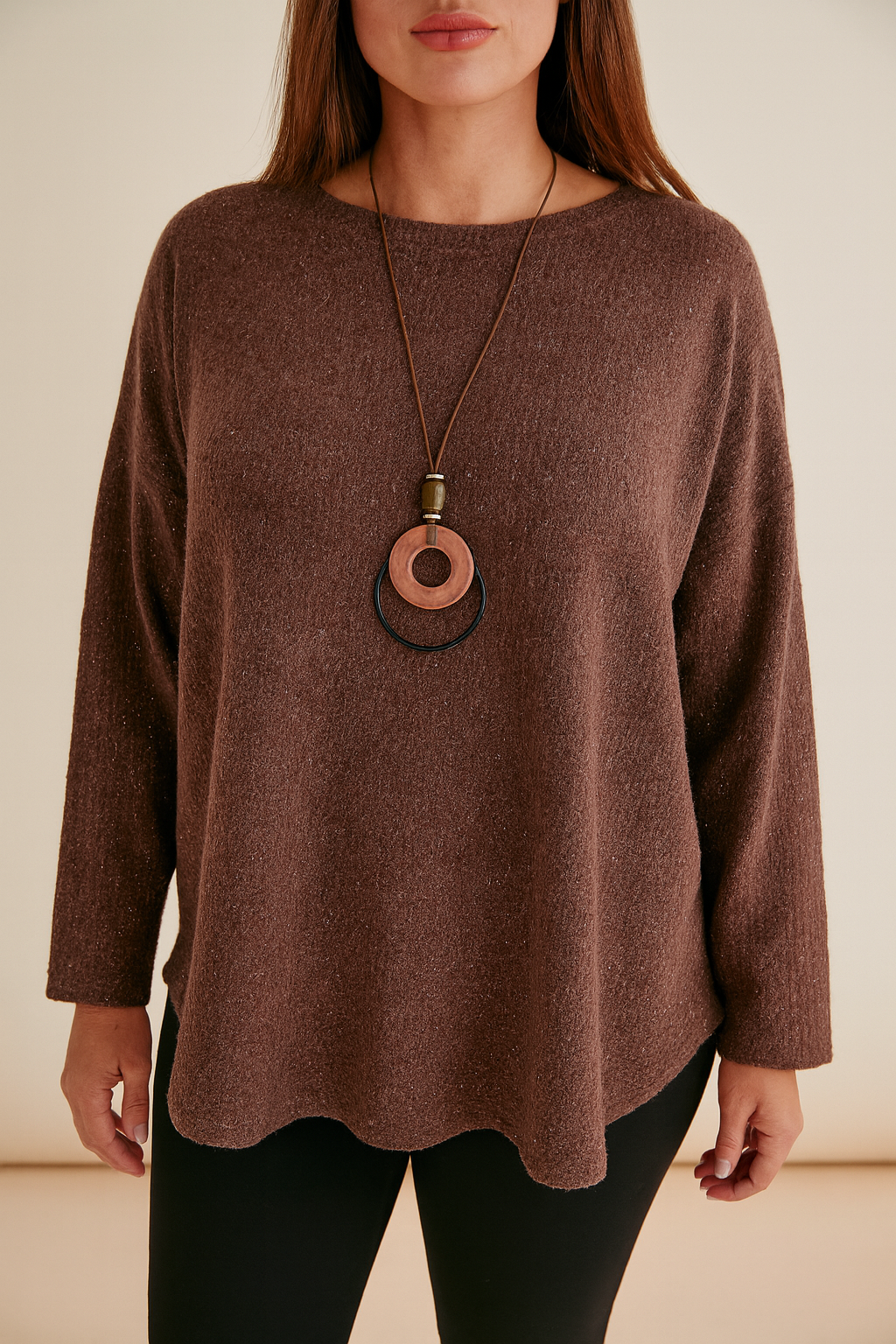 Wool Mix Sparkle Knit Venice Necklace Top - Chocolate