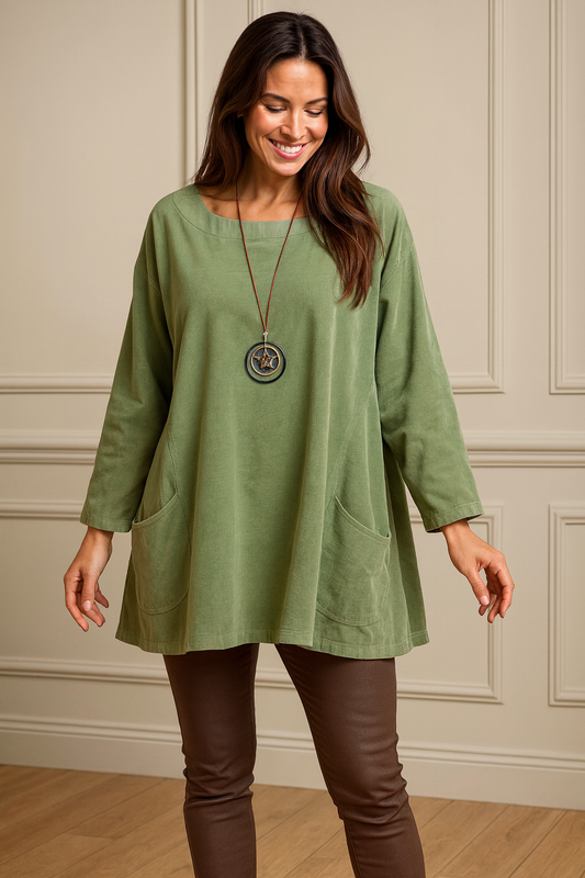 Cotton Needlecord Double Pocket Tiffany Necklace Top - Sage Green