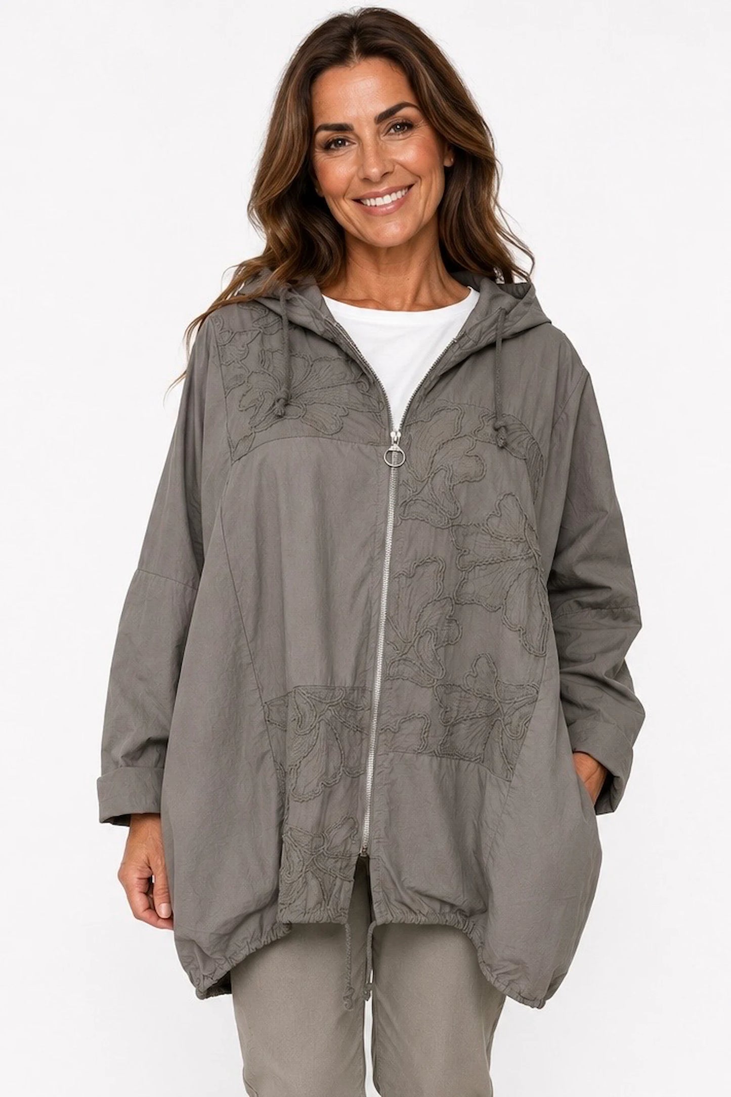 Pure Cotton Embroidery Anglaise Double Pocket Hooded Carletta Drawstring Detail Zipped Jacket - Mocha