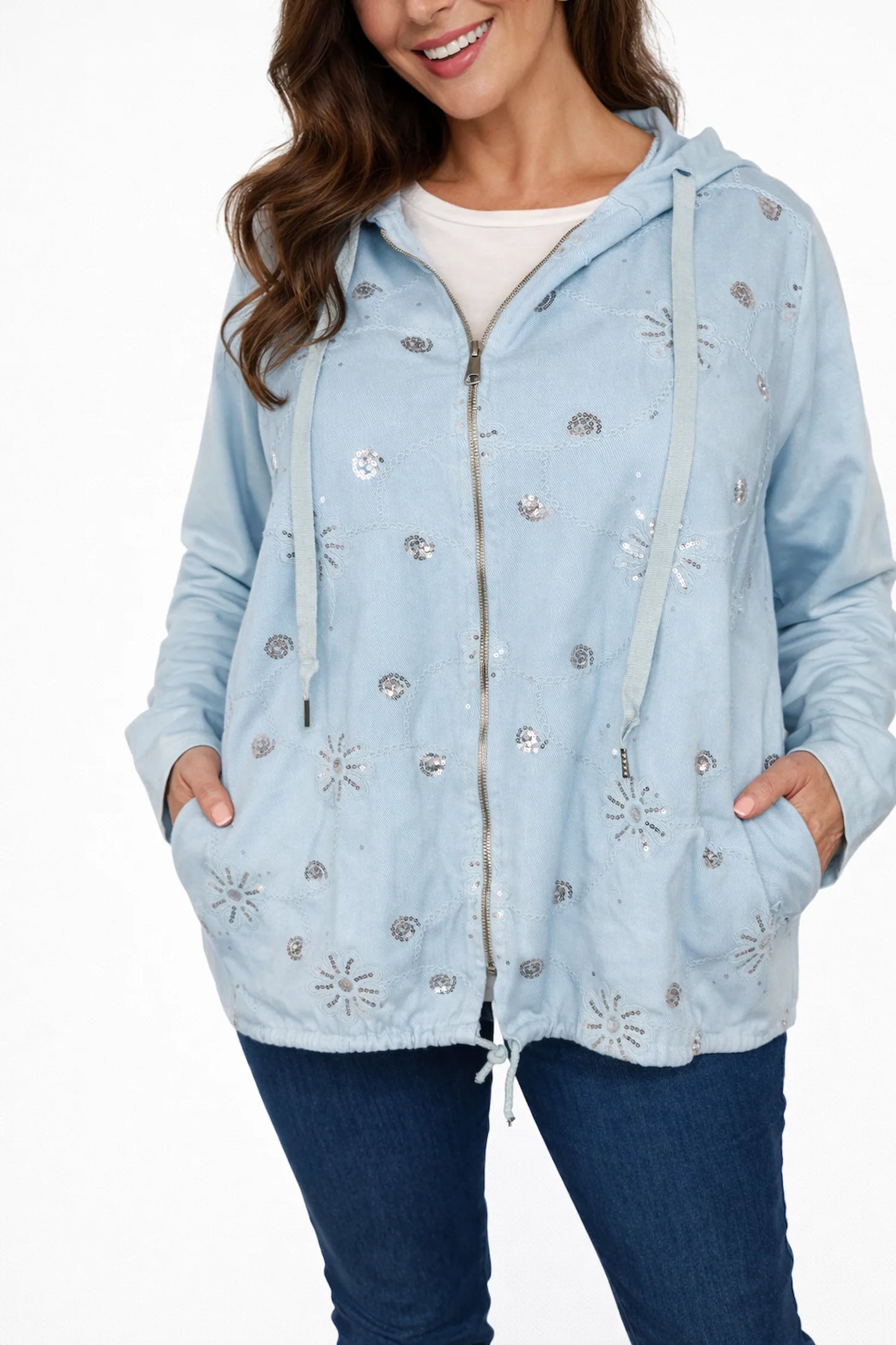 Cotton Sequin Floral Embroidery Double Pocket Zipped Siena Drawstring Hem Hoodie - Baby Blue