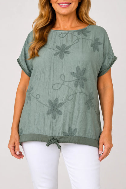 Cotton Drawstring Hem Embroidered Floral Marella Top - Khaki