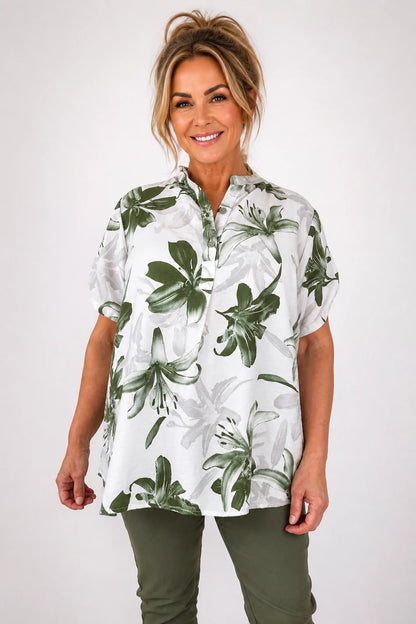 Button Sleeve Savannah Floral Button Shirt - Jungle Green