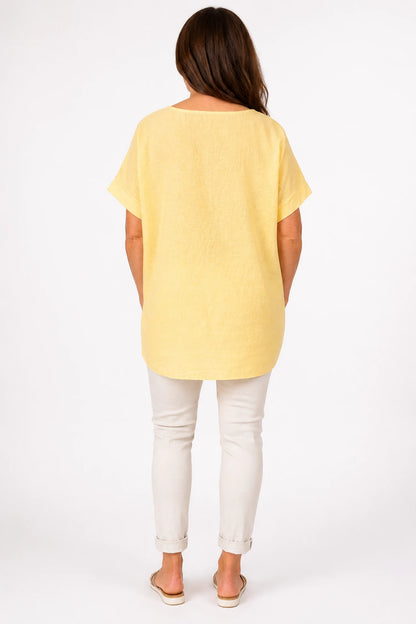 Linen Cotton Mix Mesh Detail Amalfi Pocket Top - Sunwashed Lemon
