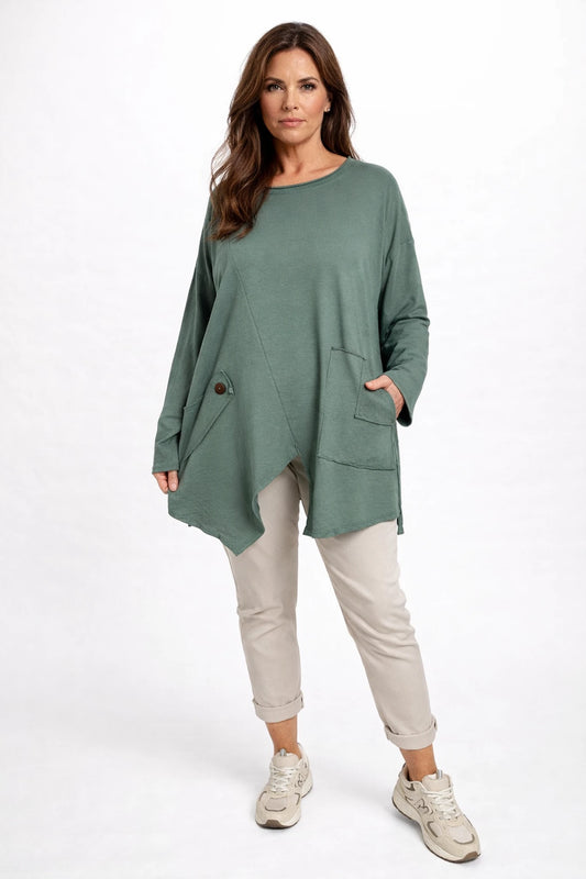 Cotton Button Detail Kara Pocket Sweatshirt - Khaki