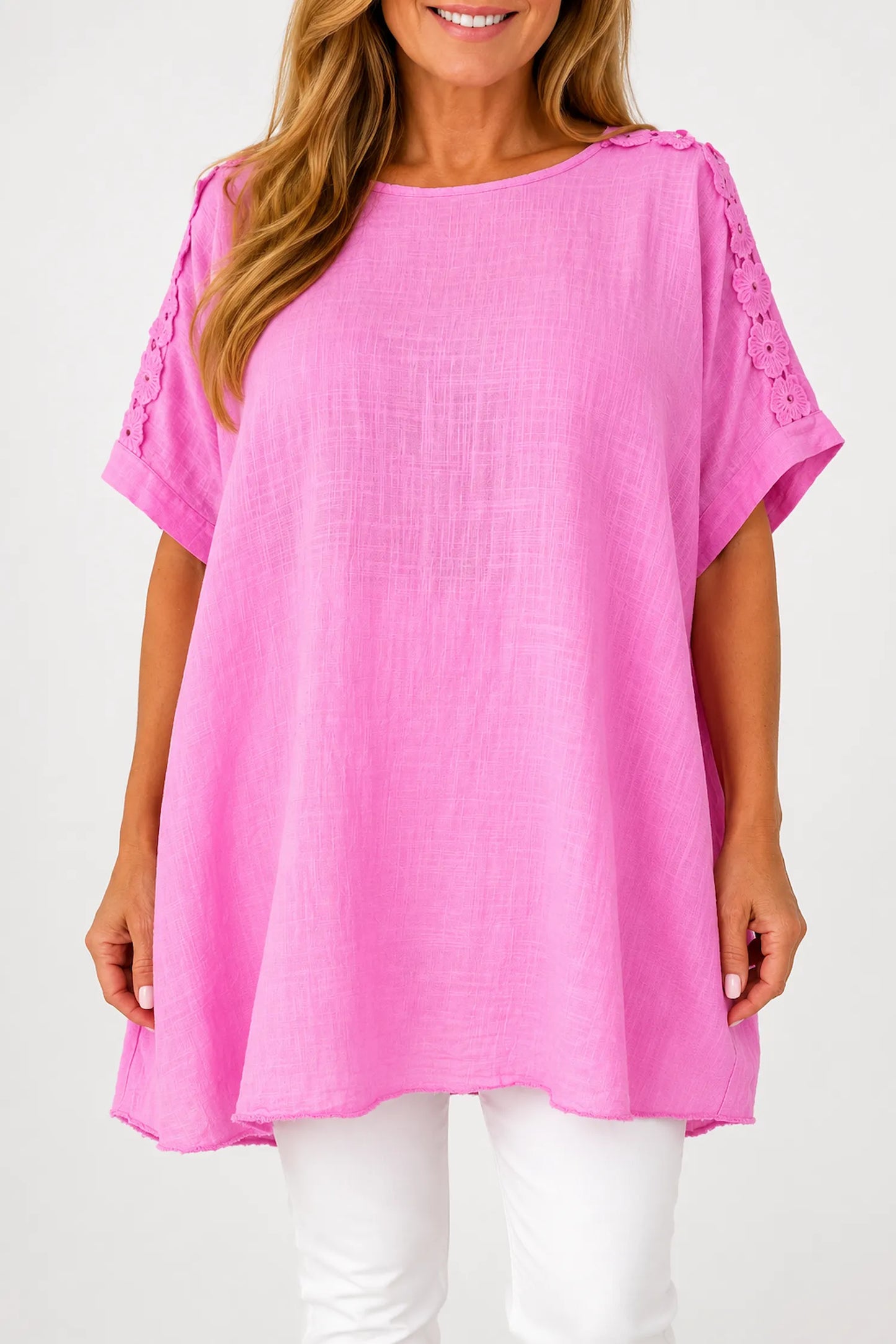 Pure Cotton Embroidered Crochet Sleeve Amira Top - Lipstick Pink