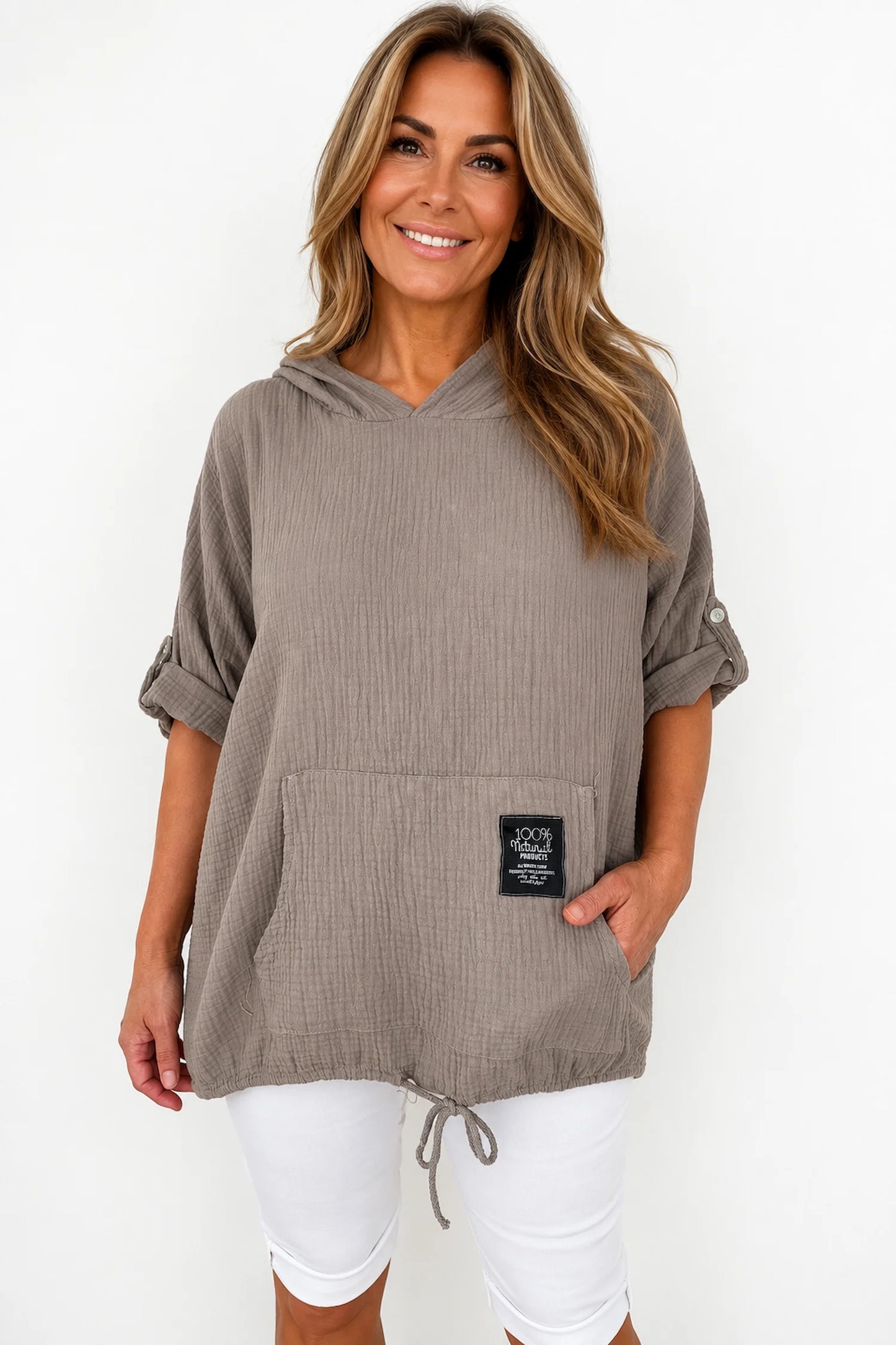 Pure Bubble Cotton Button Sleeve Badge Detail Pocketed Zara Hoodie - Mocha