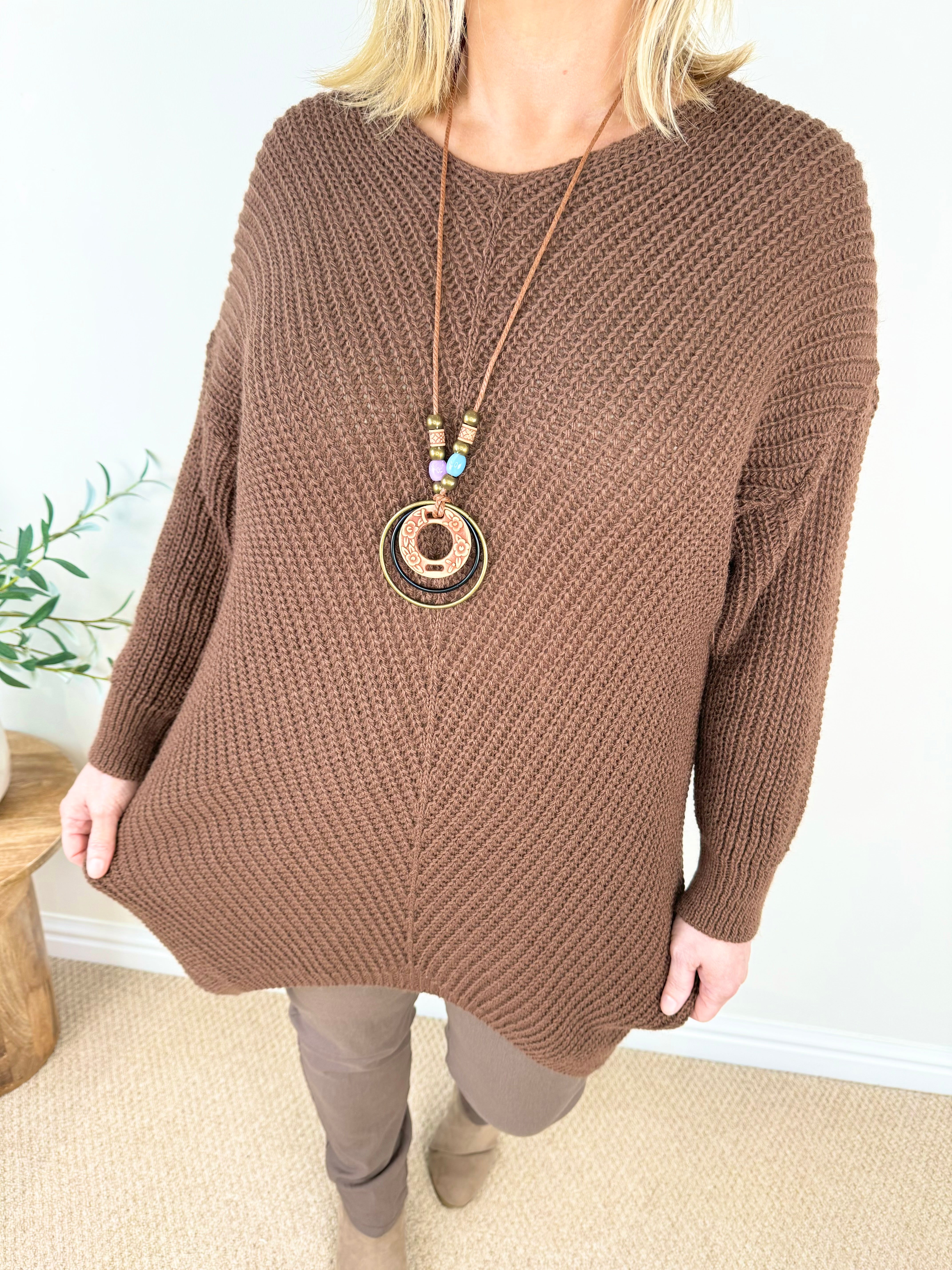 Ribbed Knit Alice Necklace Jumper AW24 - Chocolate